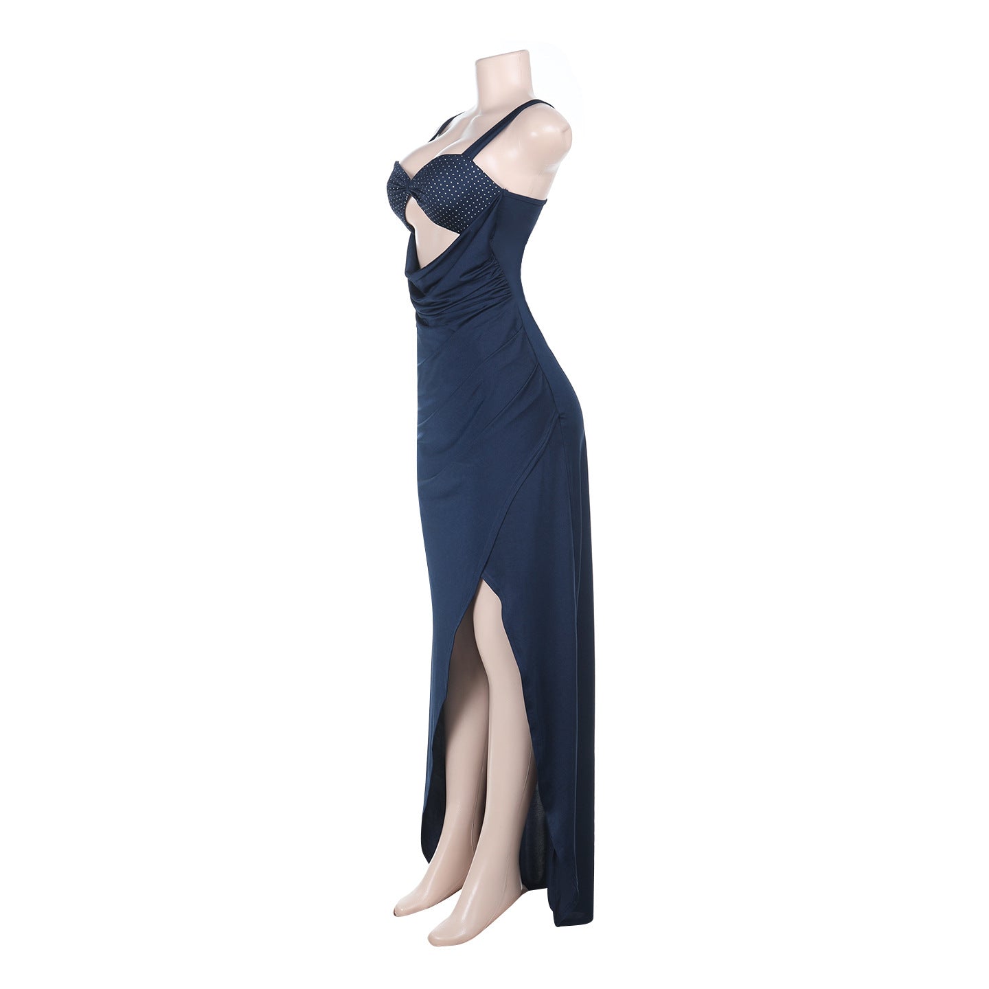 Glamorous Navy Blue Ruched Maxi Dress with Polka Dot Cutout & High Slit | Fall & Holiday Party Ready