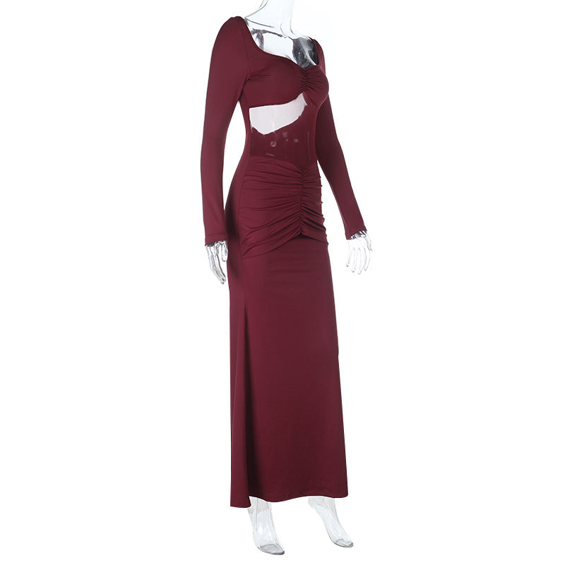 Alluring Wine Red Maxi Dress - Elegant Long Sleeve Cut-Out Ruched Gown for Fall & Holiday Parties