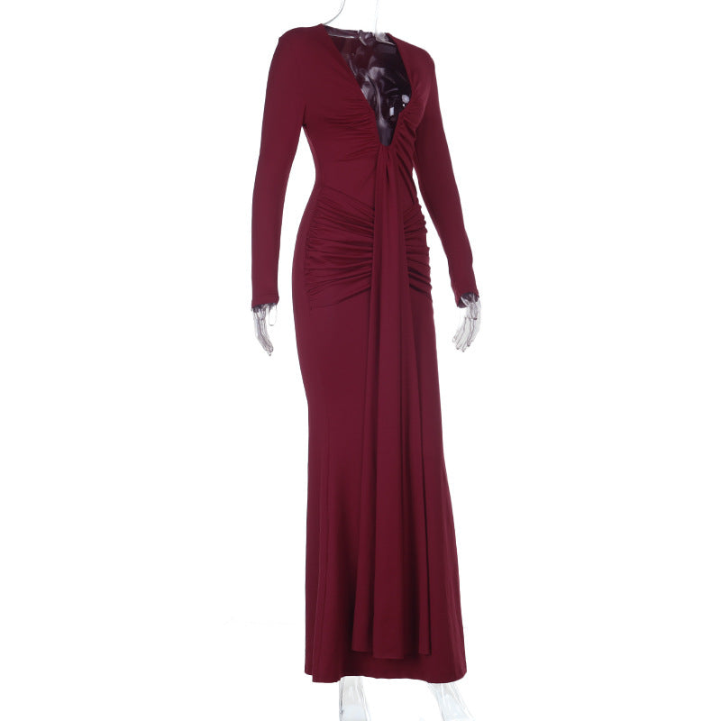 Sophisticated Wine Red Ruched Maxi Gown - Elegant Long Sleeve V-Neck for Fall & Holiday Galas