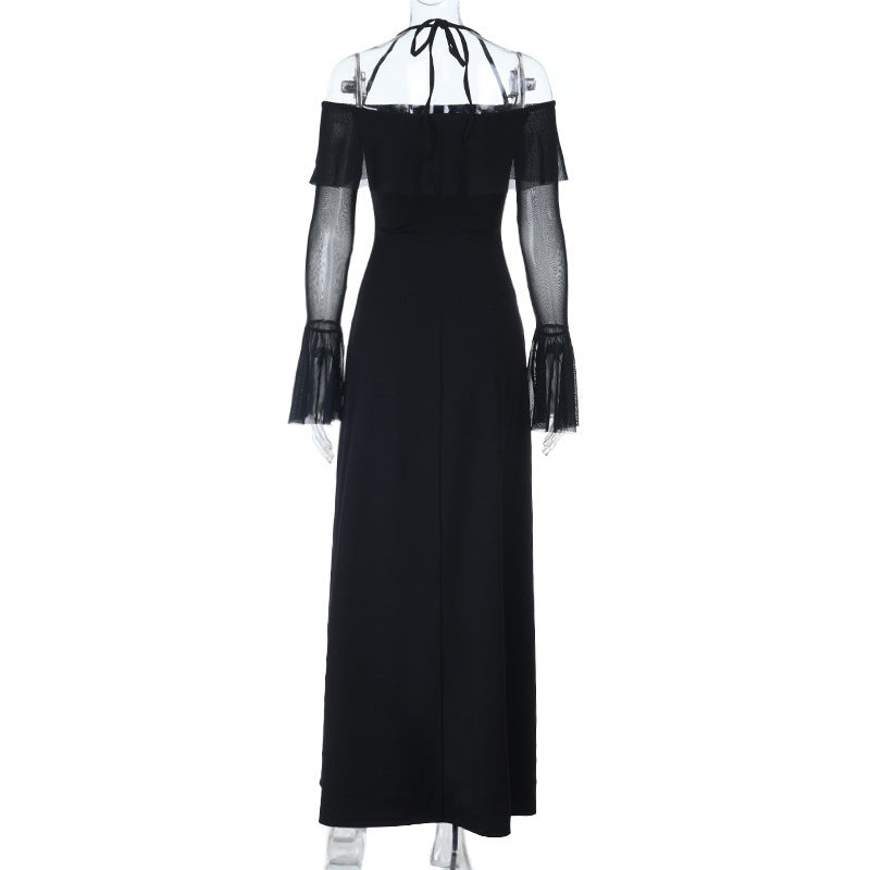 Bewitching Black Off-Shoulder Maxi Dress with Sheer Bell Sleeves - Elegant Fall & Holiday Party Style