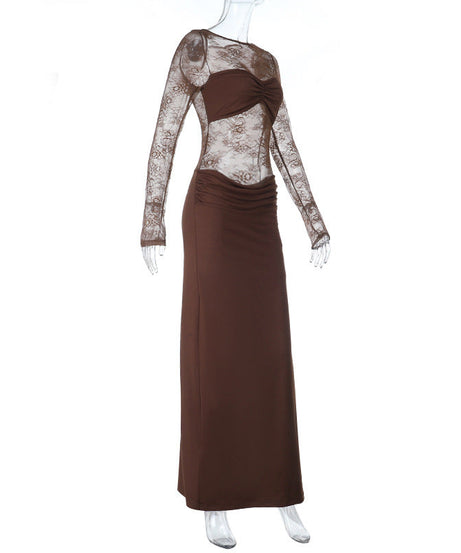 Autumn Allure: Sheer Lace Long Sleeve Ruched Maxi Dress - Chocolate Brown Evening Gown