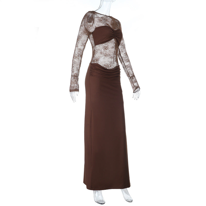 Autumn Allure: Sheer Lace Long Sleeve Ruched Maxi Dress - Chocolate Brown Evening Gown