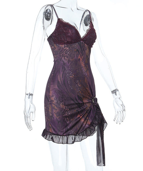 Sultry Plum Lace O-Ring Mini Slip Dress | Y2K Asymmetrical Fall Party Look