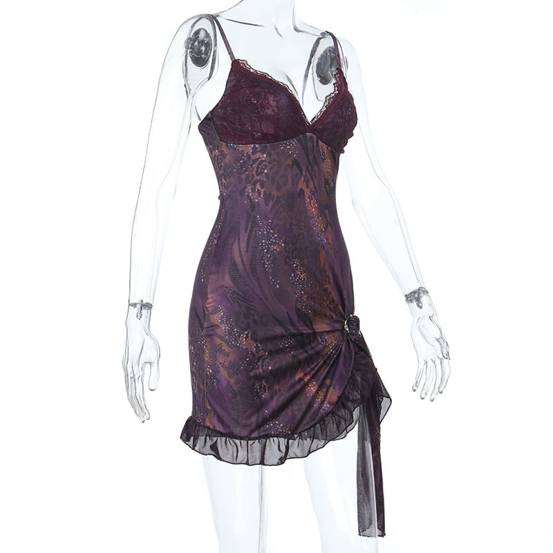 Sultry Plum Lace O-Ring Mini Slip Dress | Y2K Asymmetrical Fall Party Look