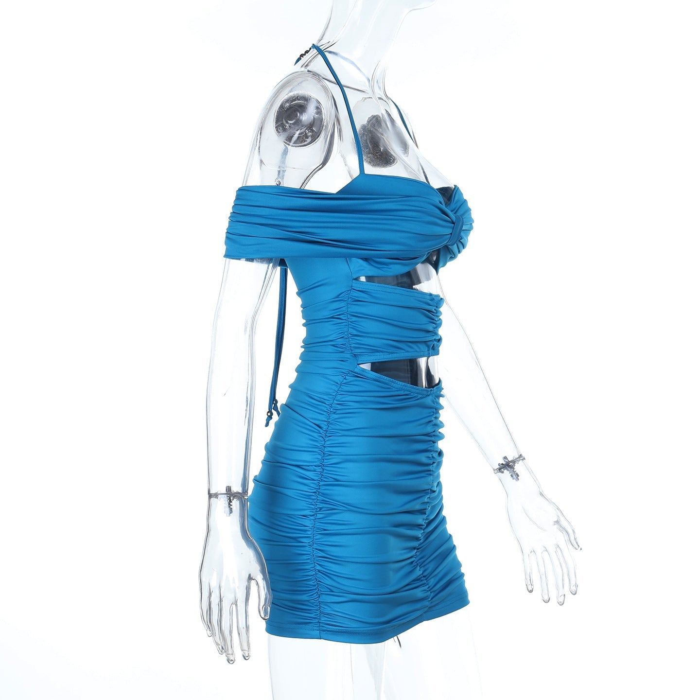 Electric Blue Halter Off-Shoulder Ruched Cutout Mini Dress – Your Fall Party & Night Out Essential