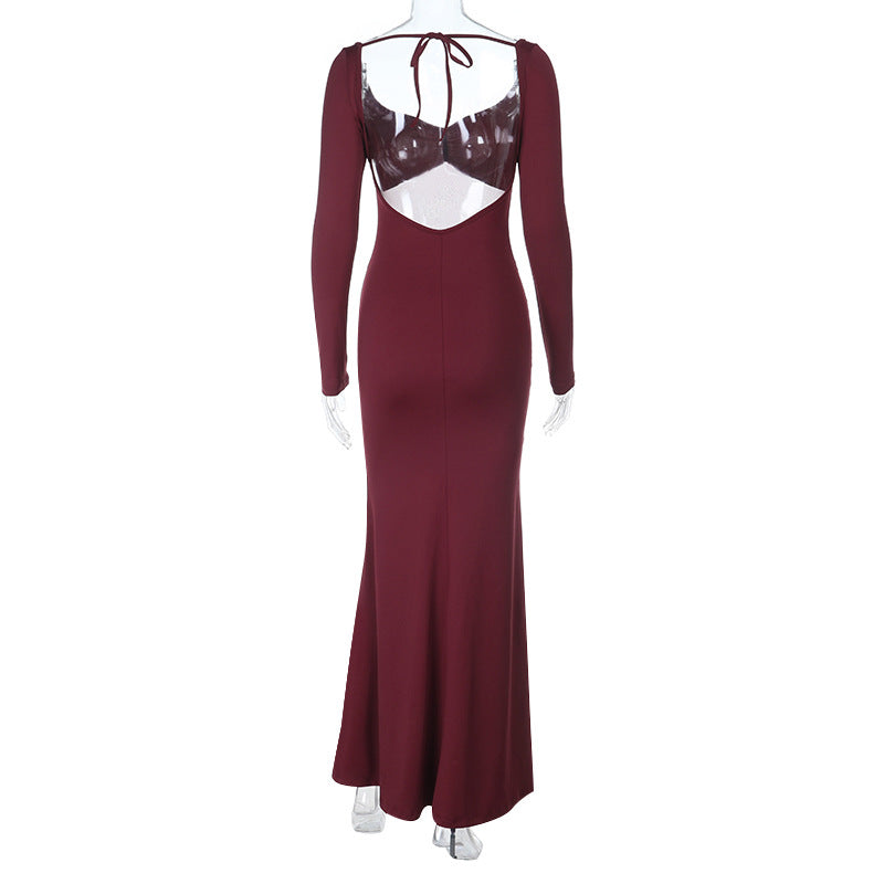 Alluring Wine Red Maxi Dress - Elegant Long Sleeve Cut-Out Ruched Gown for Fall & Holiday Parties