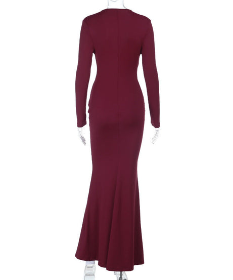 Sophisticated Wine Red Ruched Maxi Gown - Elegant Long Sleeve V-Neck for Fall & Holiday Galas