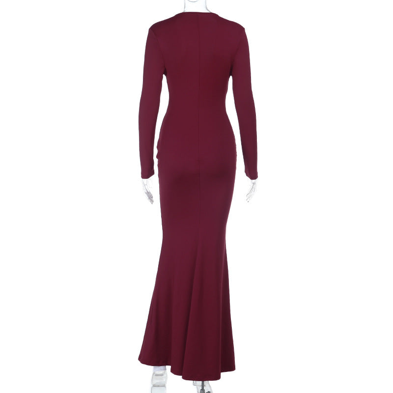 Sophisticated Wine Red Ruched Maxi Gown - Elegant Long Sleeve V-Neck for Fall & Holiday Galas