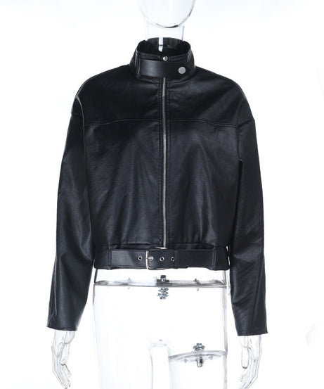 Women's Edgy Faux Leather Cropped Moto Jacket – Belted Fall Fashion Essential
