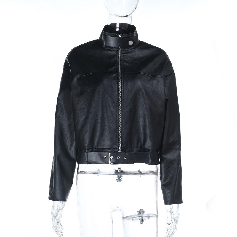 Women's Edgy Faux Leather Cropped Moto Jacket – Belted Fall Fashion Essential