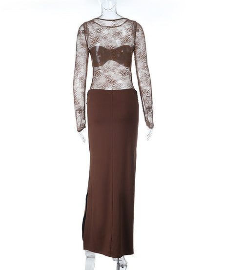 Autumn Allure: Sheer Lace Long Sleeve Ruched Maxi Dress - Chocolate Brown Evening Gown