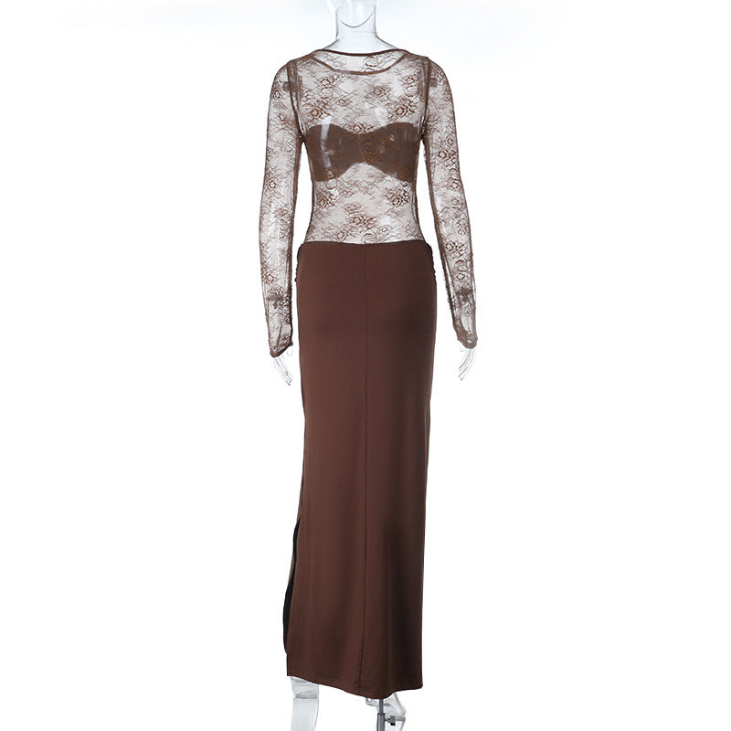 Autumn Allure: Sheer Lace Long Sleeve Ruched Maxi Dress - Chocolate Brown Evening Gown