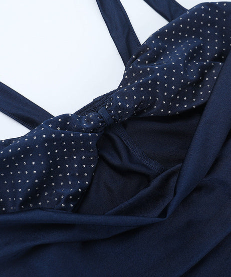 Glamorous Navy Blue Ruched Maxi Dress with Polka Dot Cutout & High Slit | Fall & Holiday Party Ready