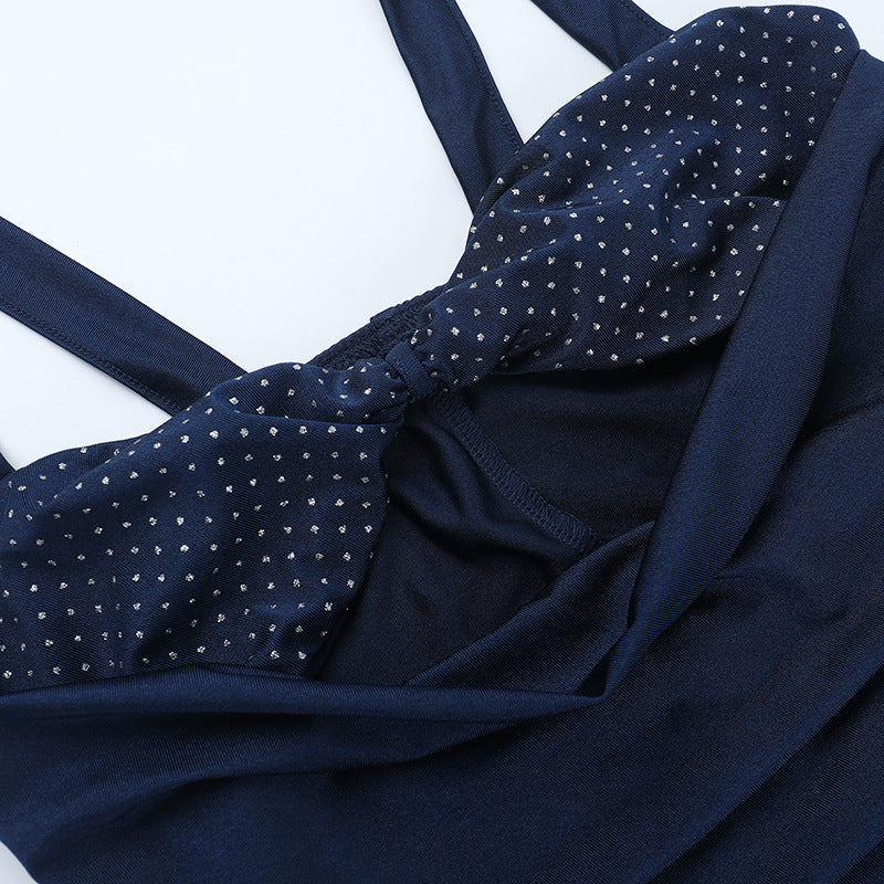 Glamorous Navy Blue Ruched Maxi Dress with Polka Dot Cutout & High Slit | Fall & Holiday Party Ready