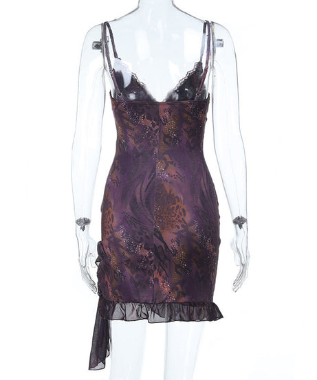 Sultry Plum Lace O-Ring Mini Slip Dress | Y2K Asymmetrical Fall Party Look