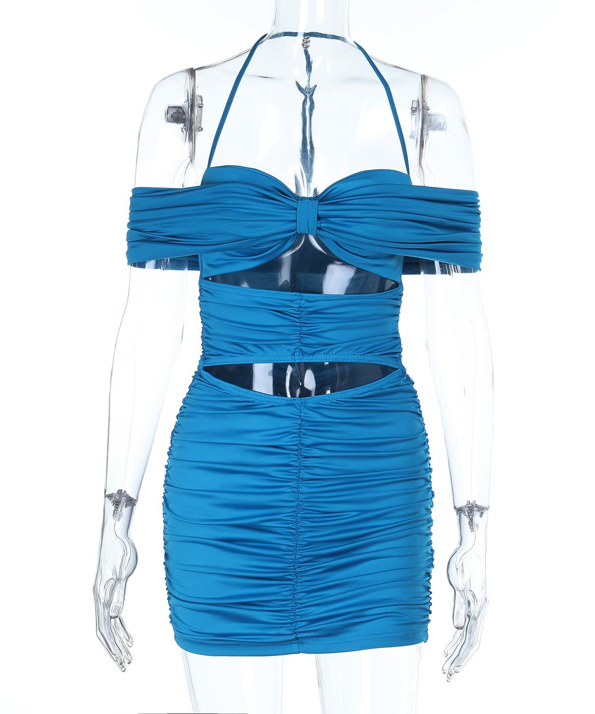 Electric Blue Halter Off-Shoulder Ruched Cutout Mini Dress – Your Fall Party & Night Out Essential