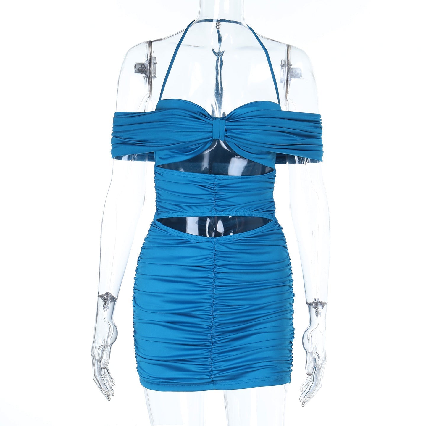Electric Blue Halter Off-Shoulder Ruched Cutout Mini Dress – Your Fall Party & Night Out Essential