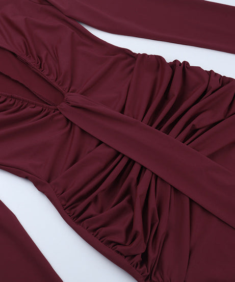 Sophisticated Wine Red Ruched Maxi Gown - Elegant Long Sleeve V-Neck for Fall & Holiday Galas