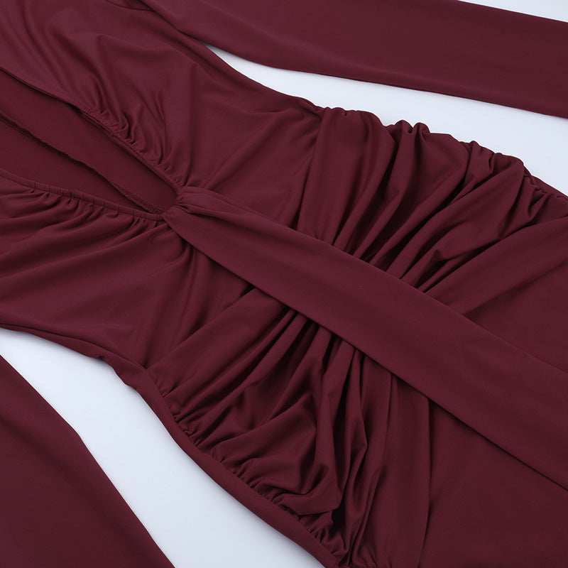 Sophisticated Wine Red Ruched Maxi Gown - Elegant Long Sleeve V-Neck for Fall & Holiday Galas