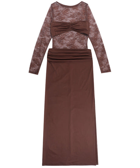 Autumn Allure: Sheer Lace Long Sleeve Ruched Maxi Dress - Chocolate Brown Evening Gown