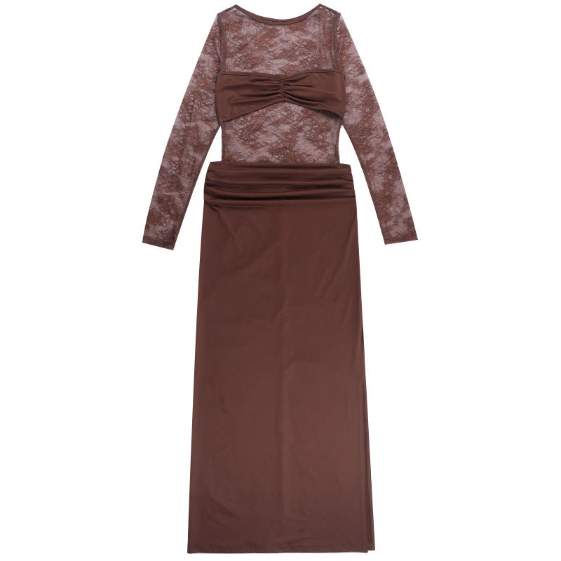 Autumn Allure: Sheer Lace Long Sleeve Ruched Maxi Dress - Chocolate Brown Evening Gown