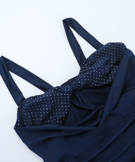 Glamorous Navy Blue Ruched Maxi Dress with Polka Dot Cutout & High Slit | Fall & Holiday Party Ready