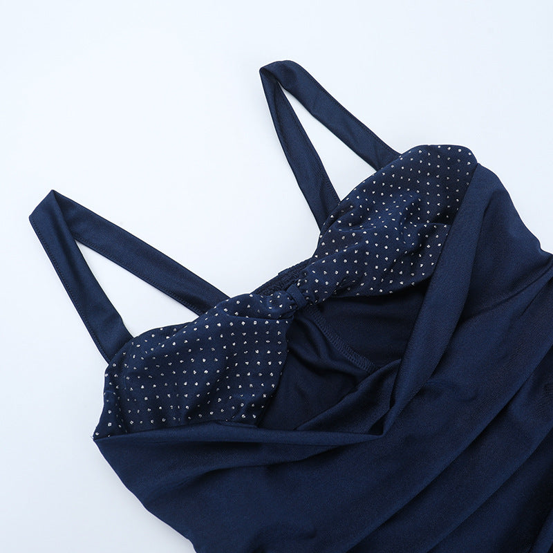 Glamorous Navy Blue Ruched Maxi Dress with Polka Dot Cutout & High Slit | Fall & Holiday Party Ready