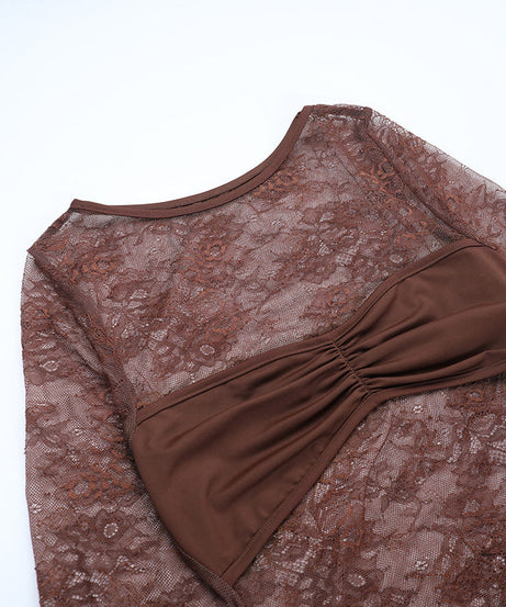 Autumn Allure: Sheer Lace Long Sleeve Ruched Maxi Dress - Chocolate Brown Evening Gown