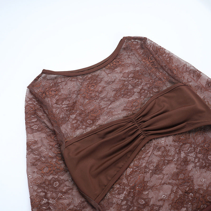 Autumn Allure: Sheer Lace Long Sleeve Ruched Maxi Dress - Chocolate Brown Evening Gown