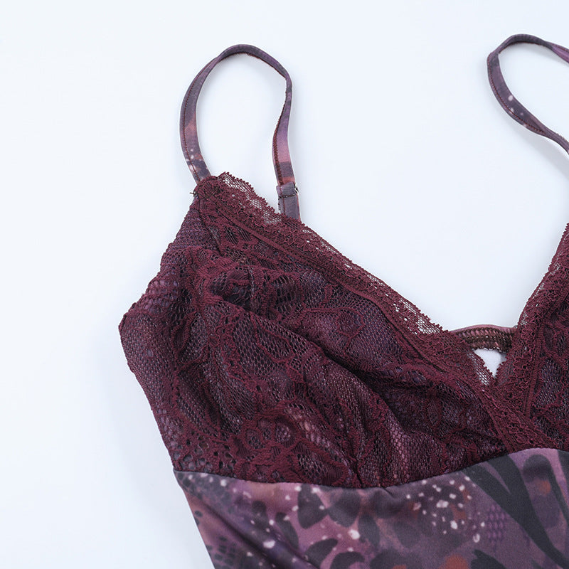 Sultry Plum Lace O-Ring Mini Slip Dress | Y2K Asymmetrical Fall Party Look