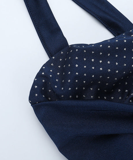 Glamorous Navy Blue Ruched Maxi Dress with Polka Dot Cutout & High Slit | Fall & Holiday Party Ready