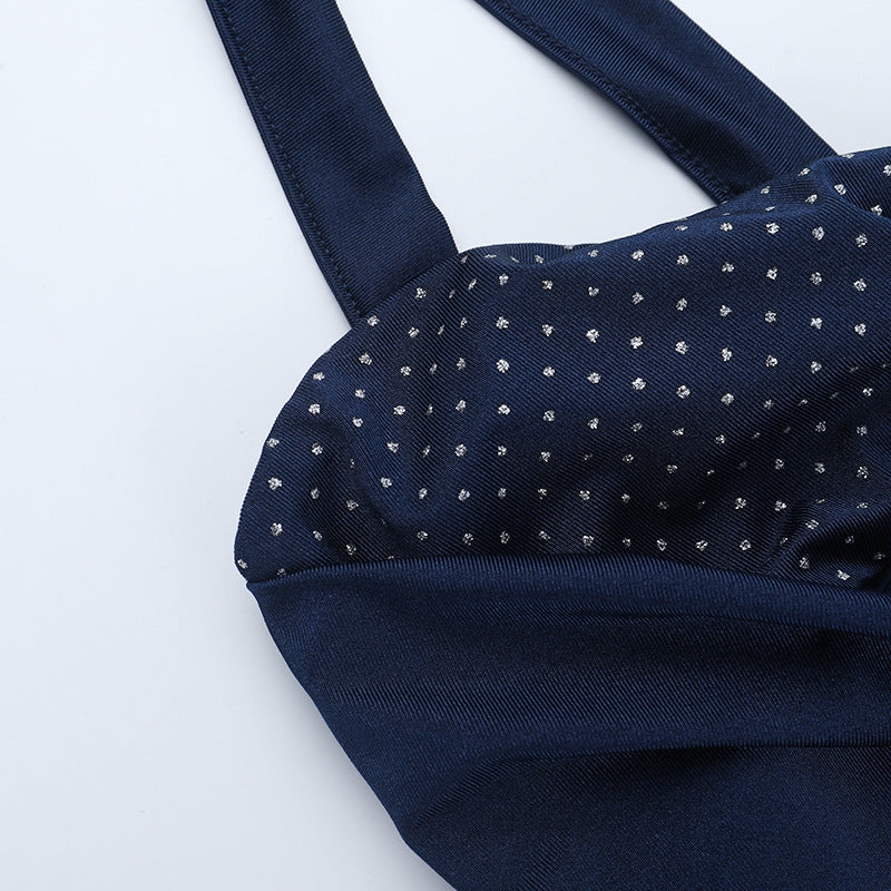 Glamorous Navy Blue Ruched Maxi Dress with Polka Dot Cutout & High Slit | Fall & Holiday Party Ready