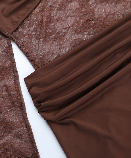 Autumn Allure: Sheer Lace Long Sleeve Ruched Maxi Dress - Chocolate Brown Evening Gown