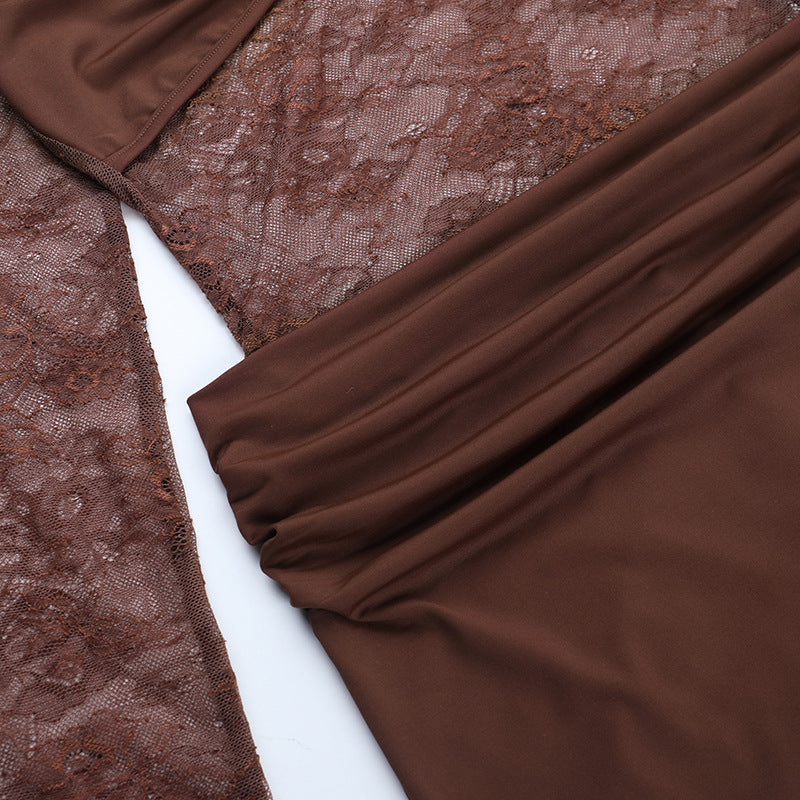 Autumn Allure: Sheer Lace Long Sleeve Ruched Maxi Dress - Chocolate Brown Evening Gown