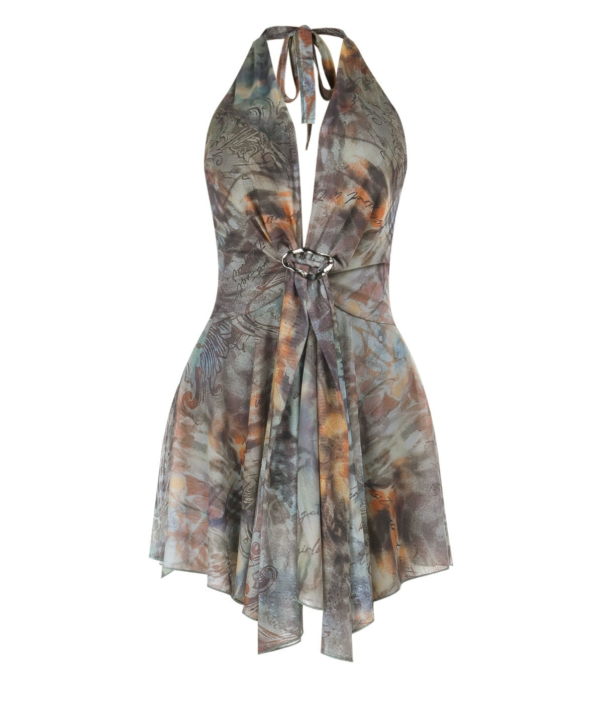 Autumn Whisper Halter Mini Dress: Boho-Chic Tie-Dye for Fall Nights & Vacation Escapes