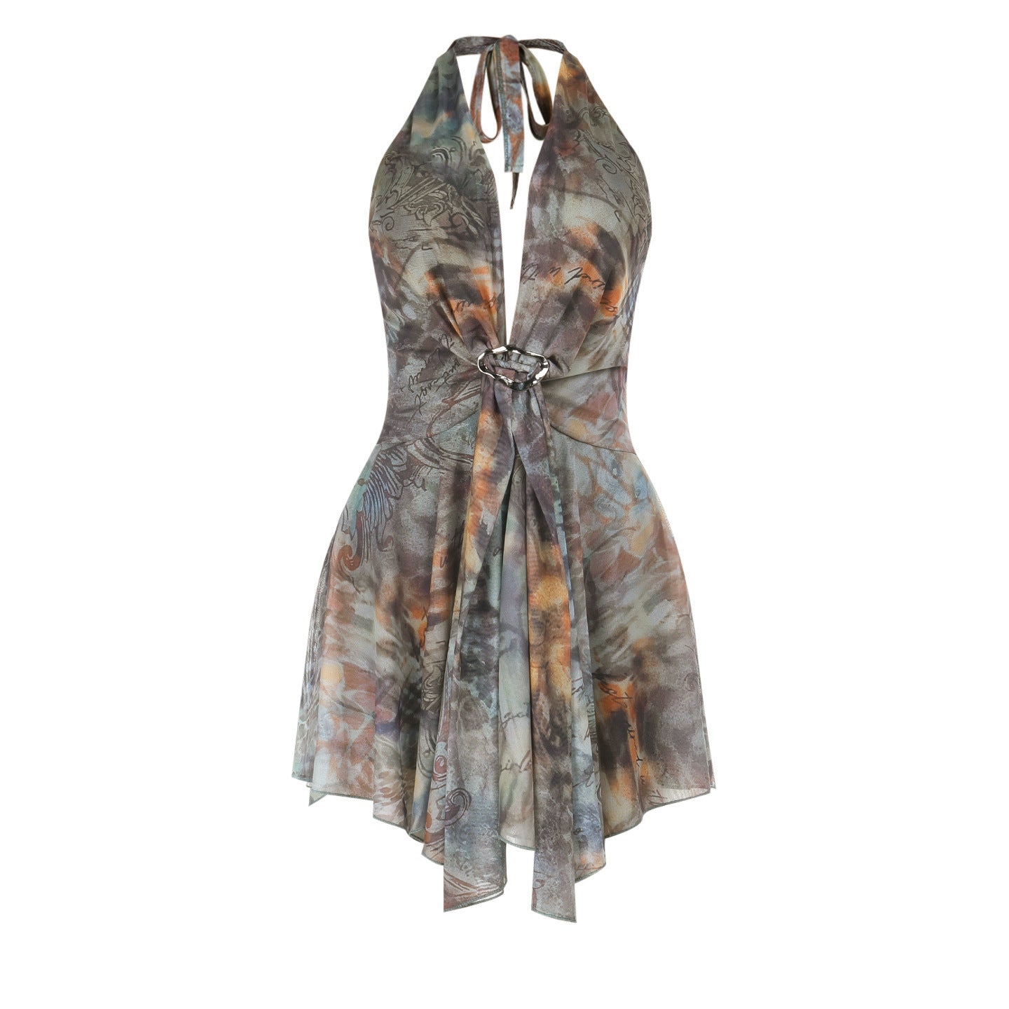 Autumn Whisper Halter Mini Dress: Boho-Chic Tie-Dye for Fall Nights & Vacation Escapes