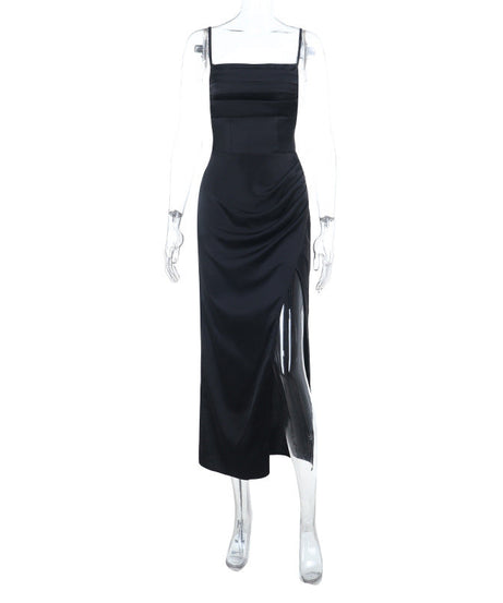 Effortlessly Chic Black Satin Slip Maxi Dress with High Slit & Ruching – Your Holiday Party & Special Occasion Essential
