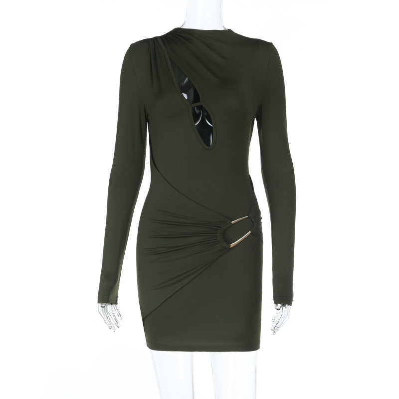 Chic Fall Nights: Olive Green Cut-Out Ruched Bodycon Mini Dress with Gold Accent