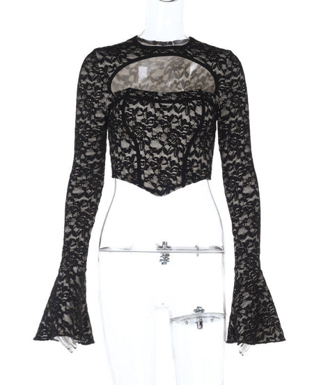 Chic Black Lace Corset Crop Top with Flared Bell Sleeves & Daring Cutout – Fall & Holiday Party Ready