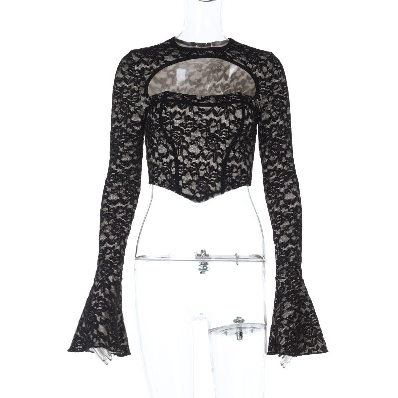 Chic Black Lace Corset Crop Top with Flared Bell Sleeves & Daring Cutout – Fall & Holiday Party Ready