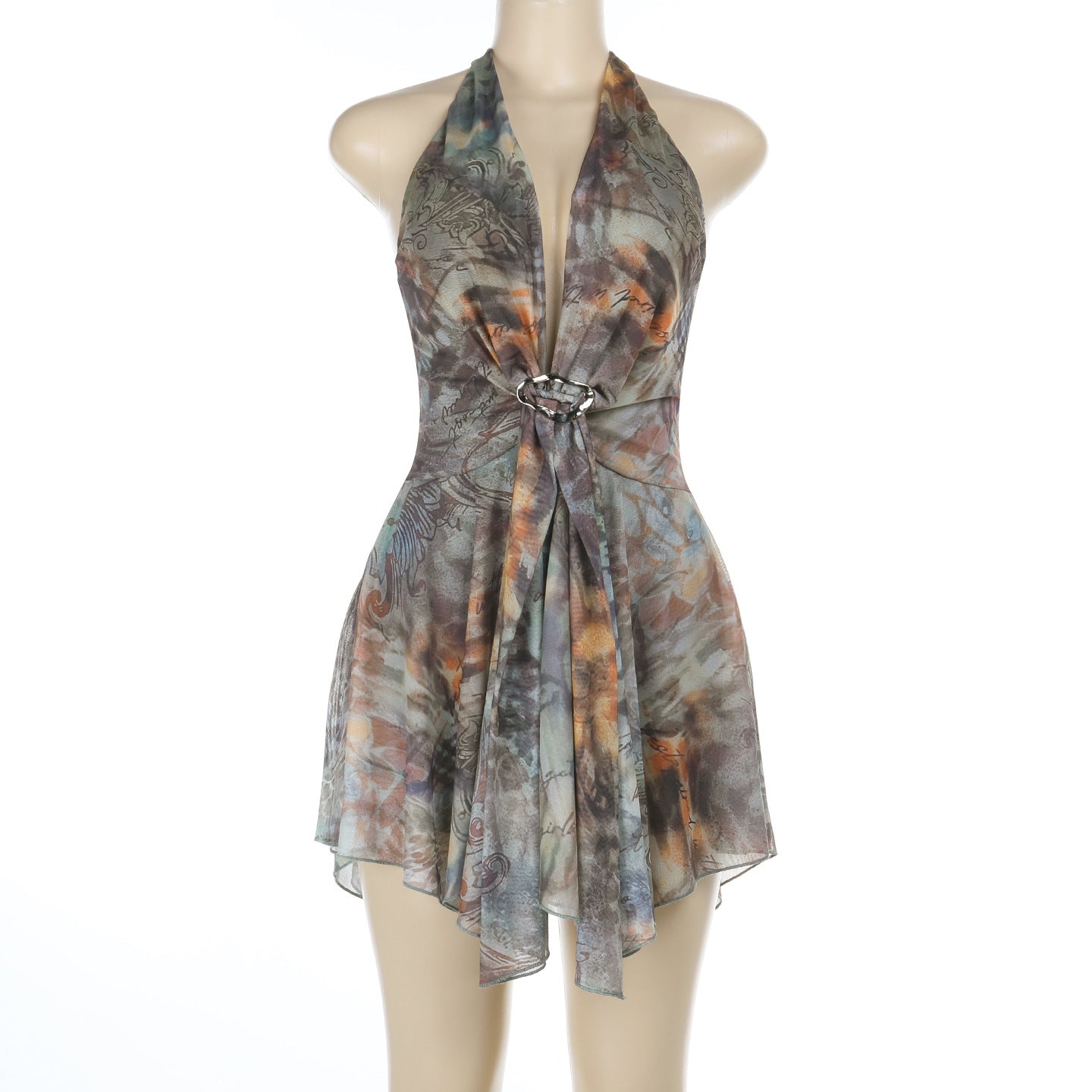 Autumn Whisper Halter Mini Dress: Boho-Chic Tie-Dye for Fall Nights & Vacation Escapes