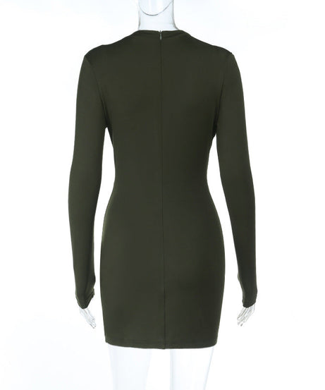 Chic Fall Nights: Olive Green Cut-Out Ruched Bodycon Mini Dress with Gold Accent