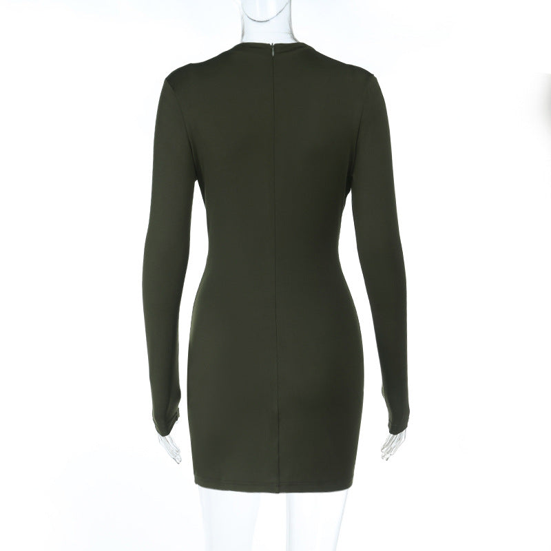 Chic Fall Nights: Olive Green Cut-Out Ruched Bodycon Mini Dress with Gold Accent