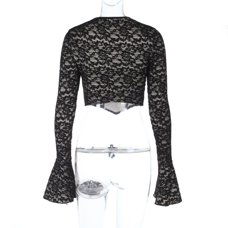 Chic Black Lace Corset Crop Top with Flared Bell Sleeves & Daring Cutout – Fall & Holiday Party Ready