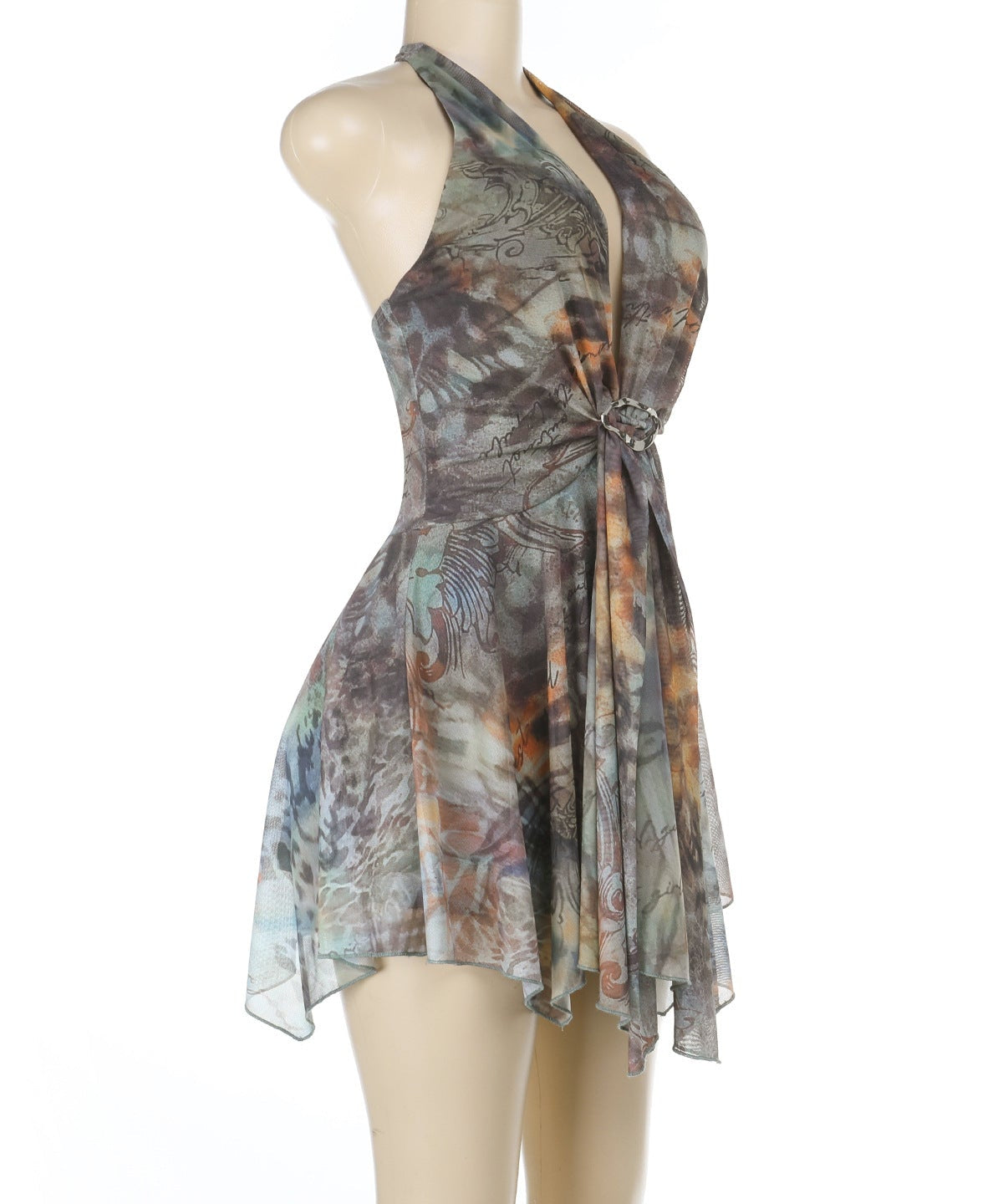 Autumn Whisper Halter Mini Dress: Boho-Chic Tie-Dye for Fall Nights & Vacation Escapes