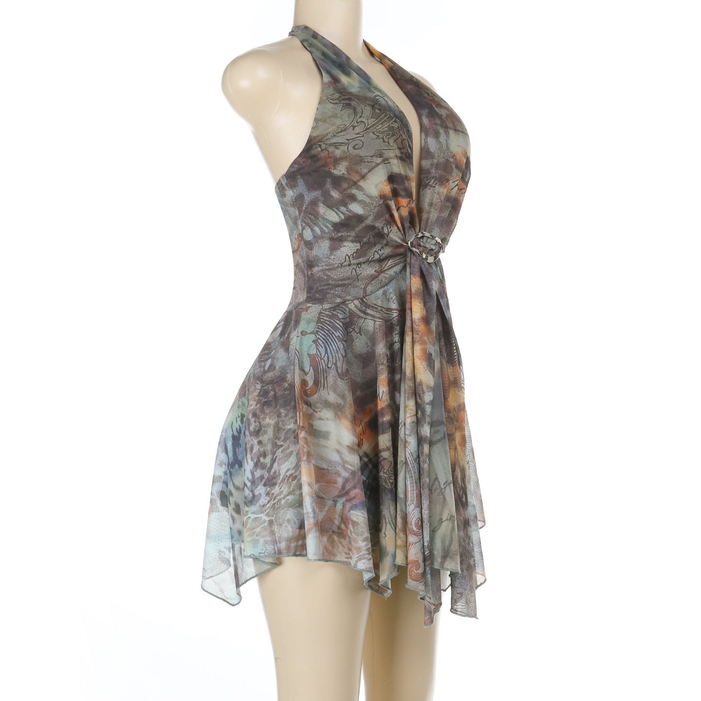 Autumn Whisper Halter Mini Dress: Boho-Chic Tie-Dye for Fall Nights & Vacation Escapes