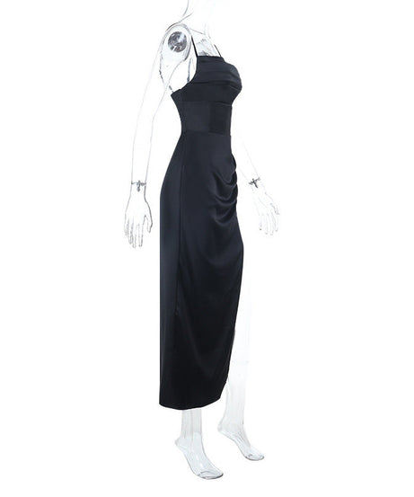 Effortlessly Chic Black Satin Slip Maxi Dress with High Slit & Ruching – Your Holiday Party & Special Occasion Essential