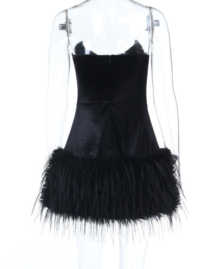 Chic Black Velvet & Feather Mini Dress - Your Holiday Party & NYE Showstopper