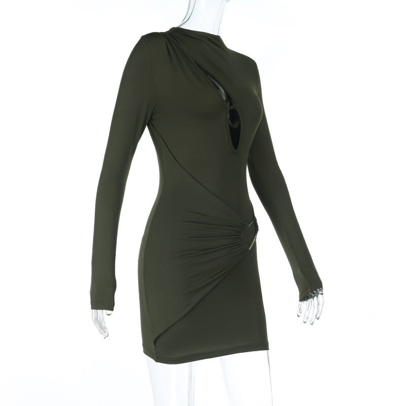 Chic Fall Nights: Olive Green Cut-Out Ruched Bodycon Mini Dress with Gold Accent