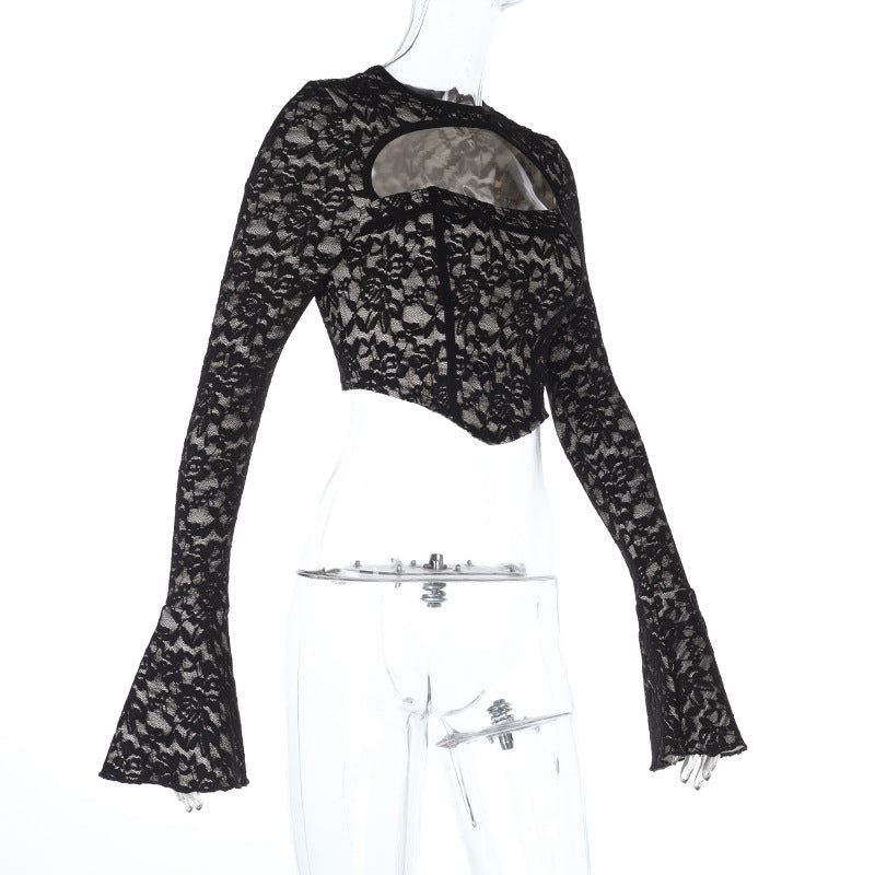 Chic Black Lace Corset Crop Top with Flared Bell Sleeves & Daring Cutout – Fall & Holiday Party Ready